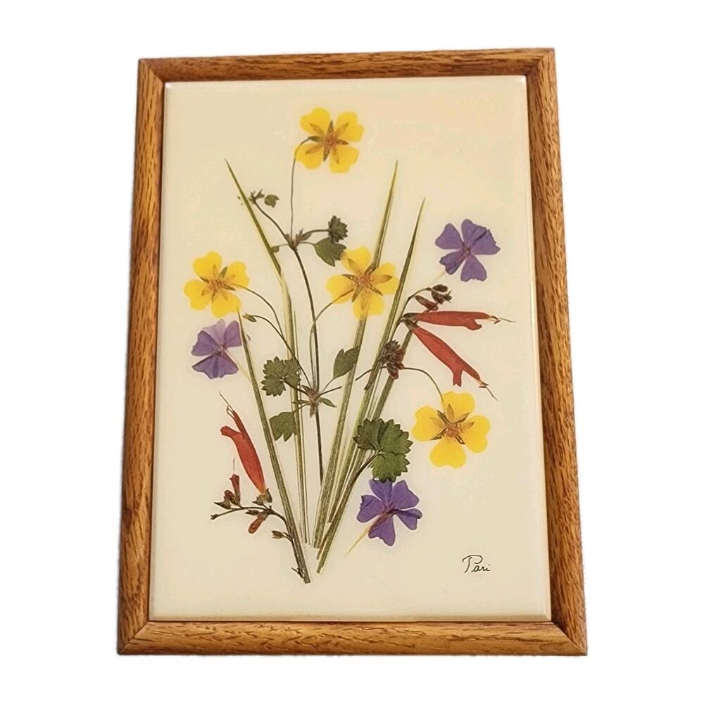 Signed Pari Floral Tile Trinket Box Red Velvet Wood Oak Jewelry Wildflower 1970s